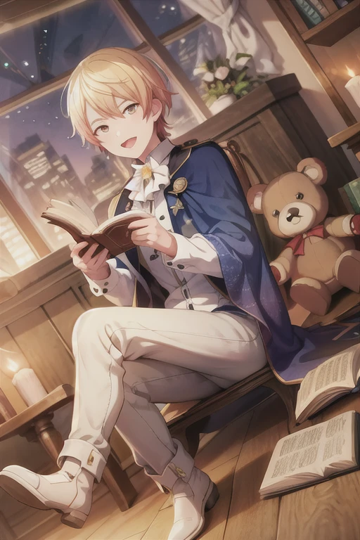 <lora:TenmaTsukasa-09:0.7> ,10ma_t, solo, looking at viewer, smile, short hair, open mouth, blonde hair, shirt, long sleeves, 1boy, holding, sitting, white shirt, male focus, boots, sky, pants, indoors, book, dutch angle, window, capelet, night, buttons, stuffed toy, moon, crossed legs, stuffed animal, night sky, lens flare, teddy bear, wooden floor, open book, white pants, clock, candle, stuffed bunny, book stack, blue capelet, moonlight, quill