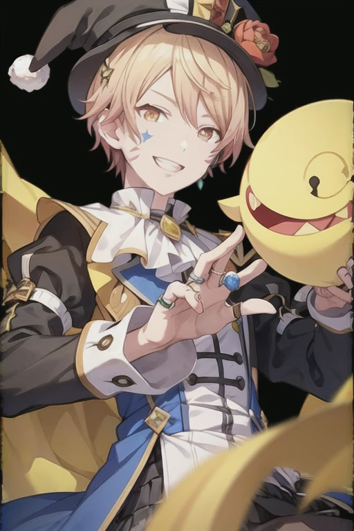 <lora:TenmaTsukasa-09:0.7> ,10ma_t, solo, looking at viewer, smile, short hair, blonde hair, simple background, shirt, long sleeves, 1boy, hat, jewelry, yellow eyes, upper body, male focus, frills, puffy sleeves, grin, facial mark, ring, frilled sleeves, black background, string, jester cap, puppet strings