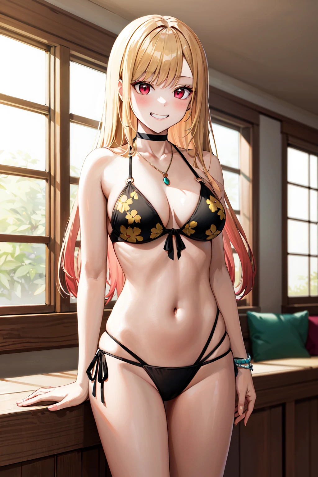 masterpiece, best quality, highres, kitagawa marin, 1girl, blonde hair, long hair, multicolored hair, red eyes, jewelry, necklace, choker, black bikini, floral print, bracelet, side-tie bikini bottom, <lora:kitagawa_marin_v1-1:0.7>, cowboy shot, indoors, room, standing, grin, straight-on, arms at sides