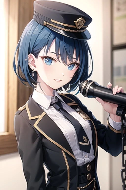 <lora:KiritaniHaruka-05:0.7> , kiriharu, 1girl, solo, looking at viewer, smile, short hair, blue eyes, shirt, black hair, hat, holding, hair between eyes, jewelry, blue hair, jacket, white shirt, upper body, earrings, parted lips, necktie, collared shirt, blurry, open jacket, black jacket, black headwear, blurry background, chain, black necktie, megaphone