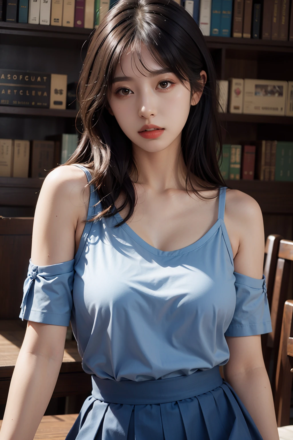 1girl,solo,(lshort-sleeved JK_sailor),JK_style,(dark blue JK_skirt),(bow JK_tie),(Inside the library:1.2),realistic,fully body,black hair,long hair,black eyes,lips,parted lips,collarbone,bare shoulders,portrait,nose,Best quality,masterpiece,ultra high res,(photorealistic:1.4),raw photo,  <lora:tianfeng_filmgirls5:1>
