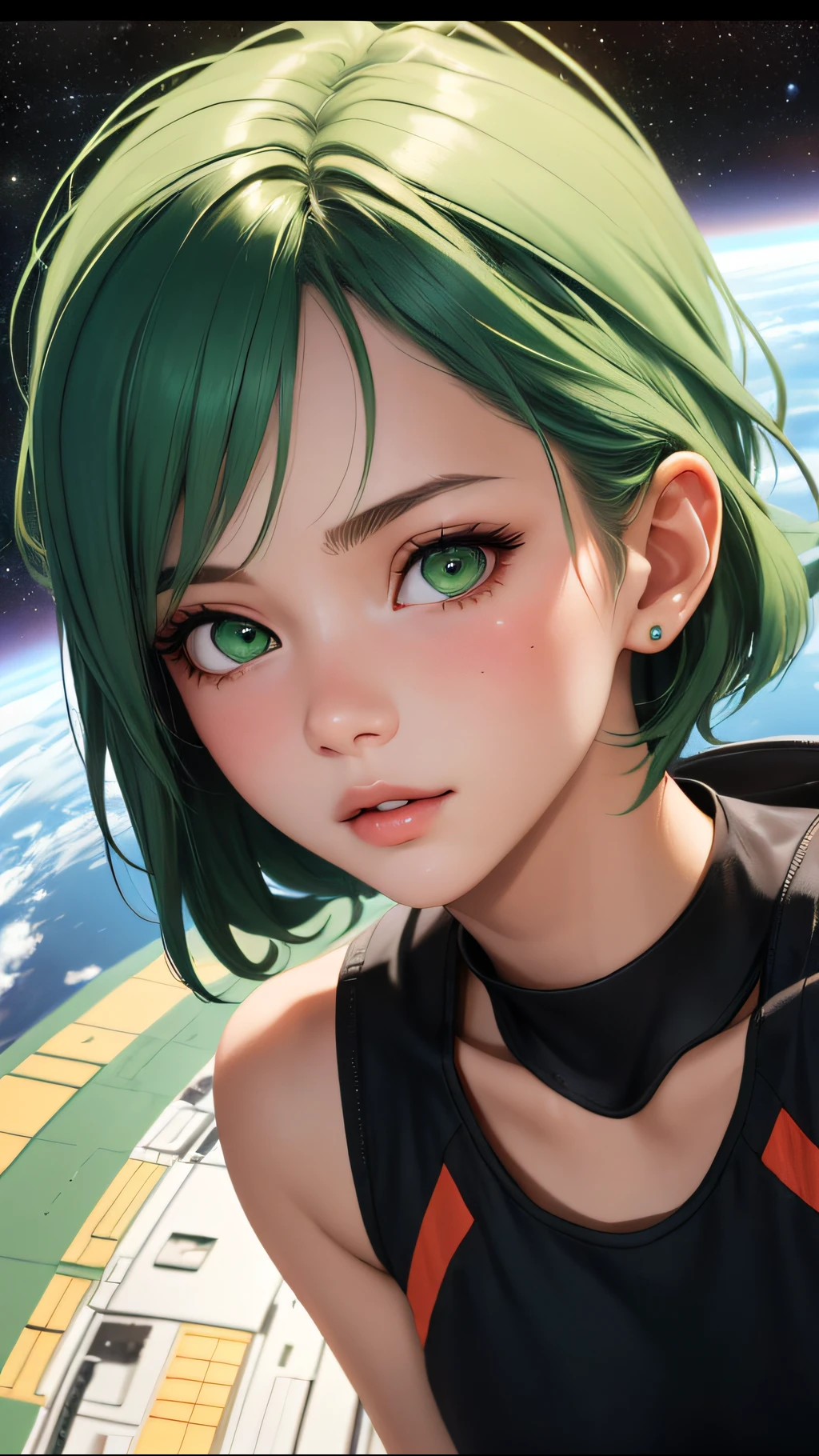 (ultra realistic, best quality, masterpiece) perfect face, green hair, 18 years old girl, medium tits, astrounat in space