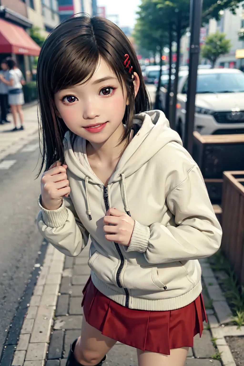 1girl, (9, chvery yo short height:1.5), sawamura haruka (child), ryuotoku, yakuza, long hair, hair over shoulders, brown hair, swept bangs, hair ornament, brown eyes, lips, flat chest, hoodie jacket, red skirt, boots, on kabukicho streets, (smile:1.3), laugh, cute, kawaii, looking at viewer, detailed face, detailed skin, rounded eyes, (((best quality, masterpiece))), (((extremely detailed))), (8k resolution), ((realistic)), colorful, RAW photo, cinematic lighting, best quality, 8k uhd, realistic, (unreal engine), <lora:sawamura haruka (child):0.8>