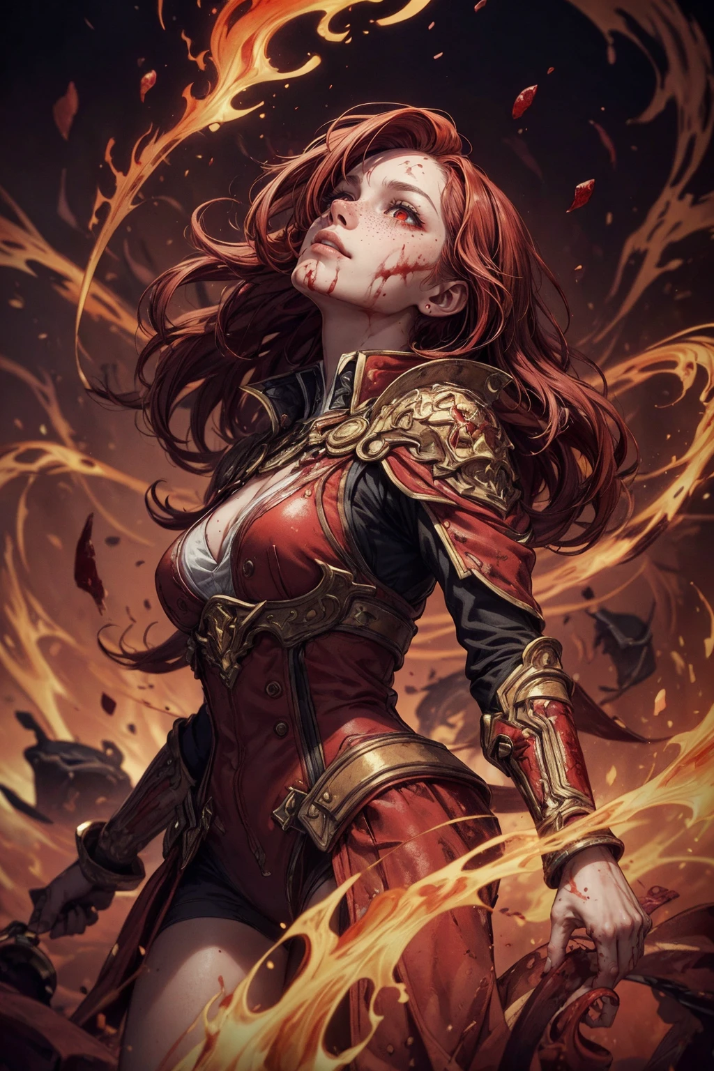 (best quality, masterpiece:1.2), 8k detailed cgi render, thick outlines, strong shadows, <lora:add_detail:0.75>,
1 girl, adult (elven:0.7) woman, freckles, brown eyes, dark red blowout hair,
(style-swirlmagic:0.9) looking up, solo, upper body, detailed background, blood red eyes, scarlet hair, detailed face, smirk, blood sorcerer, crimson blood swirling in the air, casting spell, dynamic pose, red color scheme, red clothes, blood spatters, blood sacrifice, blood dripping, glowing ball of blood, blood in background, red flames, cinematic atmosphere,
<lora:knight_v4.1SD:0.4>,