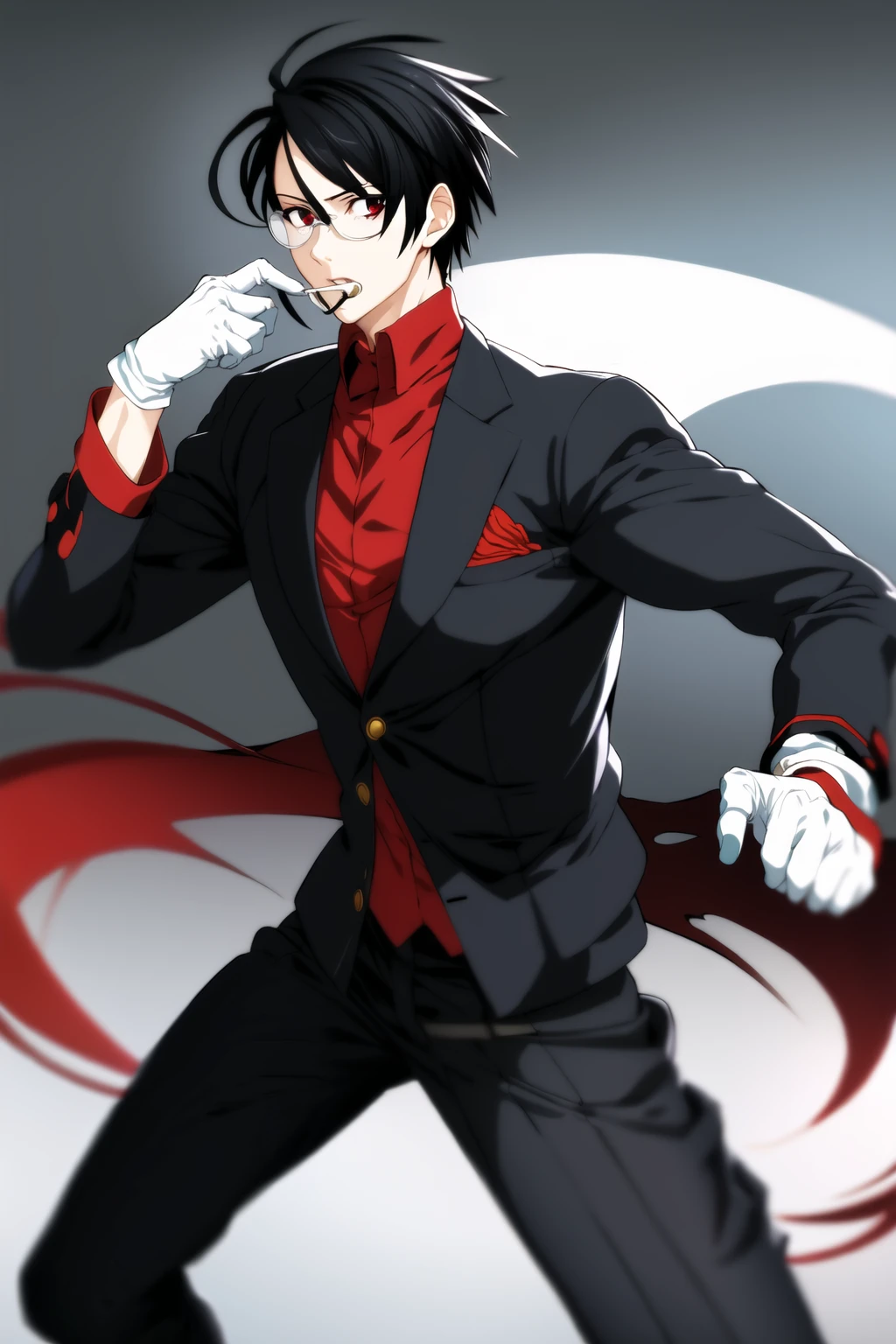 ((masterpiece, high quality, best quality)),
1boy, male focus, adjusting eyewear, black gloves, black hair, formal, suit, red eyes, fighting stance,
<lora:nithe-style_v2.2:1.0>