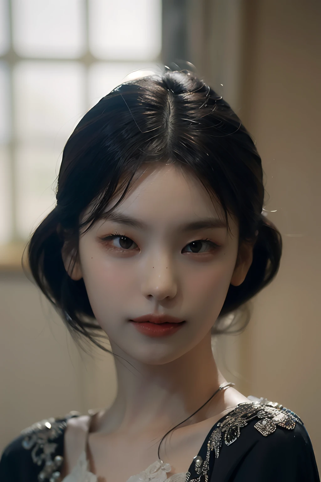 (RAW photo, best quality), (A girl with a literary atmosphere:1.2),(realistic, photo-realistic:1.3), extremely delicate and beautiful, Amazing, finely detail, masterpiece, ultra-detailed, highres,(closeup portrait of a young beautiful woman:1.2),long hair,messy hair,(soft lighting:1.4),(pale skin:1.4),(shy smile),(cinematic angle),sharp focus, volumetric fog, high quality,( film grain:1.4), (looking at viewer), pale skin