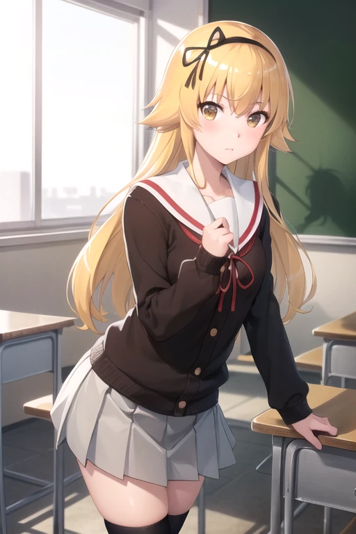 (extremely detailed CG unity 8k wallpaper), (masterpiece), (best quality), (ultra-detailed), (best illustration), (best shadow), (absurdres), 1girl, solo, <lora:konoha:0.8>, konoha suetsugi, (serafuku, school uniform, gray skirt, black kneehighs, sleeves past wrists), standing, classroom, nervous, blush, looking at viewer