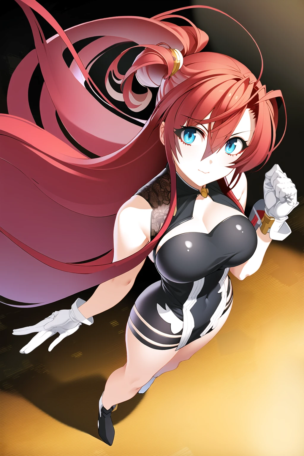 ((masterpiece, high quality, best quality)),
1girl, red hair, very long hair, uneven gloves, holding sword, asymmetrical gloves, black gloves, black footwear, standing, hair between eyes, looking at viewer, black dress, ahoge, floating hair, arm strap, hand on hip, blue eyes, high ponytail, bangs, single elbow glove, full body, looking back, from above, tile floor,
<lora:nithe-style_v2.2:1.0>