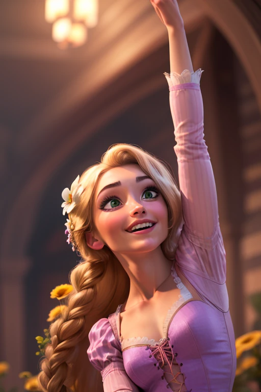 <lora:rapunzel:0.6>rapunzel, 1girl, solo, long hair, smile, blonde hair, hair ornament, dress, green eyes, braid, flower, hair flower, blurry, arm up, looking up, purple dress (masterpiece:1.2), (best quality), (ultra detailed), (8k, 4k, intricate),(full-body-shot:1), (highly detailed:1.2),(detailed face:1.2),(detailed background),detailed landscape, (dynamic angle:1.2), (dynamic pose:1.2),
