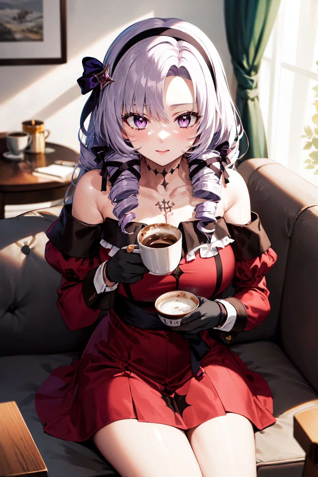 masterpiece, best quality, highres, hmsalome, drill hair, parted bangs, black hairband, ribbon, purple eyes, large breasts, tattoo, red dress, long sleeves, bare shoulders, black gloves, <lora:hyakumantenbara_salome_v1:0.8>, cowboy shot, sitting, sofa, holding cup, coffee, table