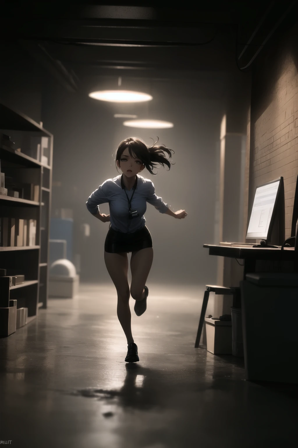 <lora:basement_v0.2:1>
basement, 1girl, (dark:1.5), dimly lit, rimlight, running towards viewer, office lady,, masterpiece, best quality, highly detailed