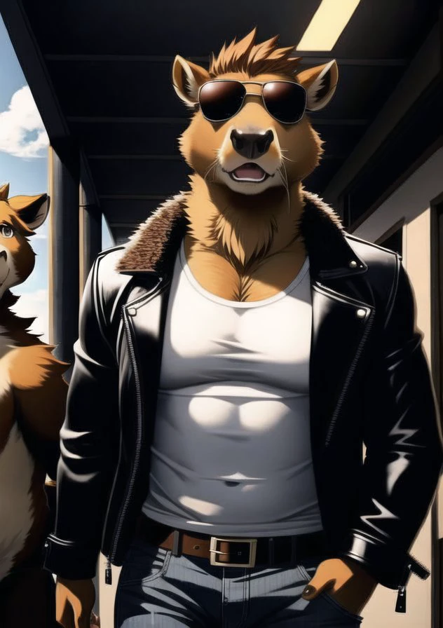 (fluffy anthro furry), (detailed eyes, detailed mouth), (beefy, muscular) ,(capybara), pectoral focus, alternate hairstyle, male, sfw, leather jacket, white tshirt, jeans, energetic, Confident, sunglasses, disgusted, detailed background
<lora:add_detail:1>