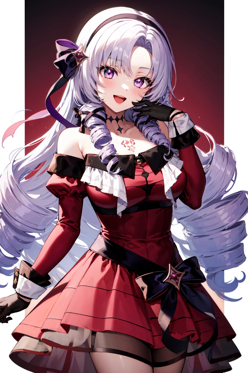 masterpiece, best quality, highres, hmsalome, drill hair, parted bangs, black hairband, ribbon, purple eyes, large breasts, tattoo, red dress, long sleeves, bare shoulders, black gloves, <lora:hyakumantenbara_salome_v1:0.8>, cowboy shot, ojou-sama pose, smile, open mouth, hand on own face,