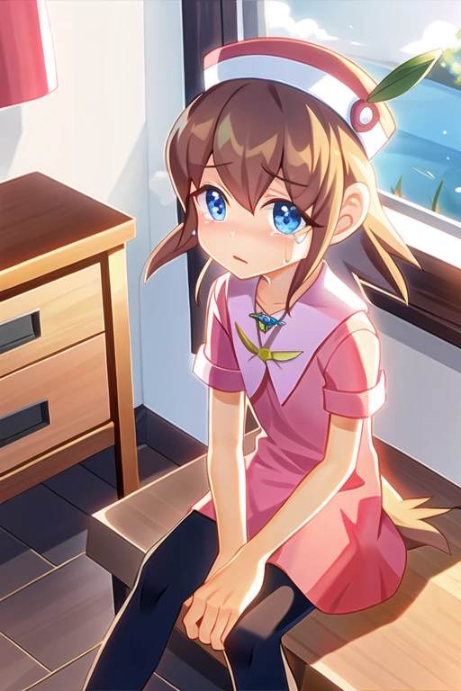 knlolo, crying, sitting, looking at viewer, bedroom <lora:lolo:1>