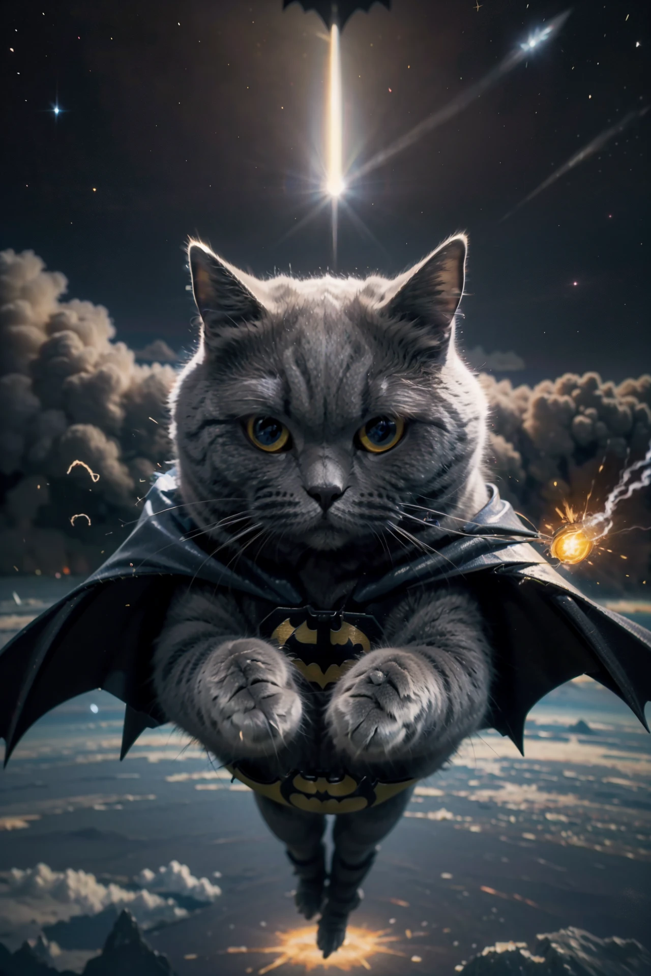 ((masterpiece), (best quality), ultra high res, (raw photo:1.2), (photorealistic:1.4), Exceptional detail, dramatic lighting, highres,   8k, absurdres,  earth, rushing to earth, 1cat, (Chartreux:1.2),  Chartreux, meteor, space, universe, earth,  smoke_trail,  flying cat, (batman suit:1.2), ((batman beacon light)),
<lora:Chartreux_38-000002:0.7>, <lora:c4ttitudeflexver:0.45>