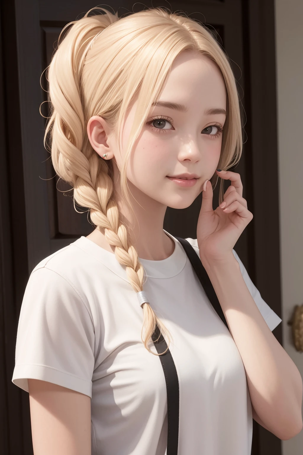 (((masterpiece, best quality, highres))), 1 girl, solo, natural blonde cornrows, blush, smile, closed mouth, (finger on mouth:1.2), from front, (face focus:1.3),