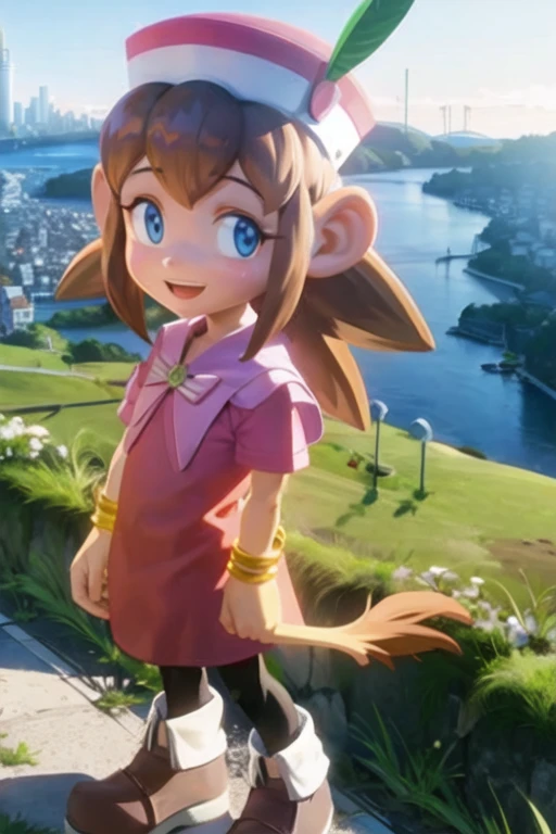 knlolo, smile, standing, looking at viewer, city <lora:lolo:1>