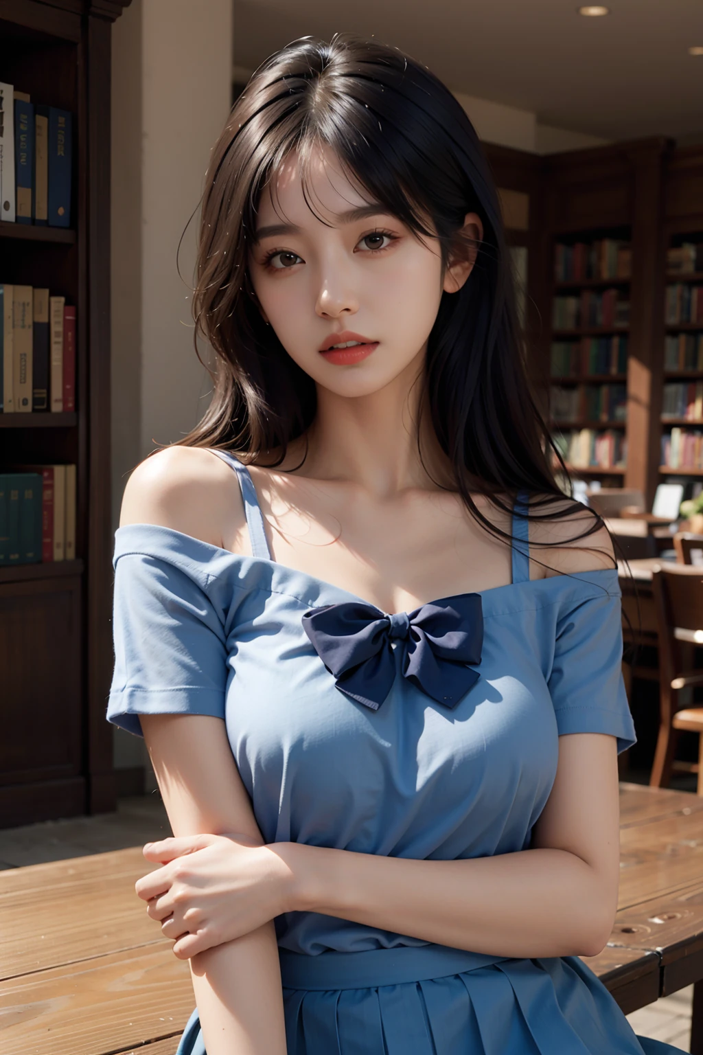 1girl,solo,(lshort-sleeved JK_sailor),JK_style,(dark blue JK_skirt),(bow JK_tie),(Inside the library:1.2),realistic,fully body,black hair,long hair,black eyes,lips,parted lips,collarbone,bare shoulders,portrait,nose,Best quality,masterpiece,ultra high res,(photorealistic:1.4),raw photo,  <lora:tianfeng_filmgirls5:1>