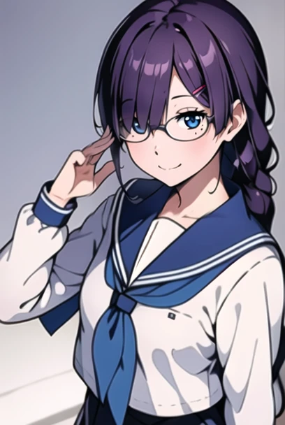 masterpiece, best quality, official art, professional artwork, highres, lens flare, (Highest picture quality), (Master's work), (Detailed eyes description), (Detailed face description), <lora:Kaho_Juumonjiv2-10:0.8>, 1girl, solo, long hair, looking at viewer, blue eyes, black hair, hair ornament, school uniform, braid, glasses, (white serafuku:1.4), white shirt, one hairclip, blue sailor collar, (locks over her left eye, hair over her left eye), neckerchief, long sleeves, mole, mole under right eye, black skirt, pleated skirt, smile, close up, (adjusting his glasses with his both hands), classroom background