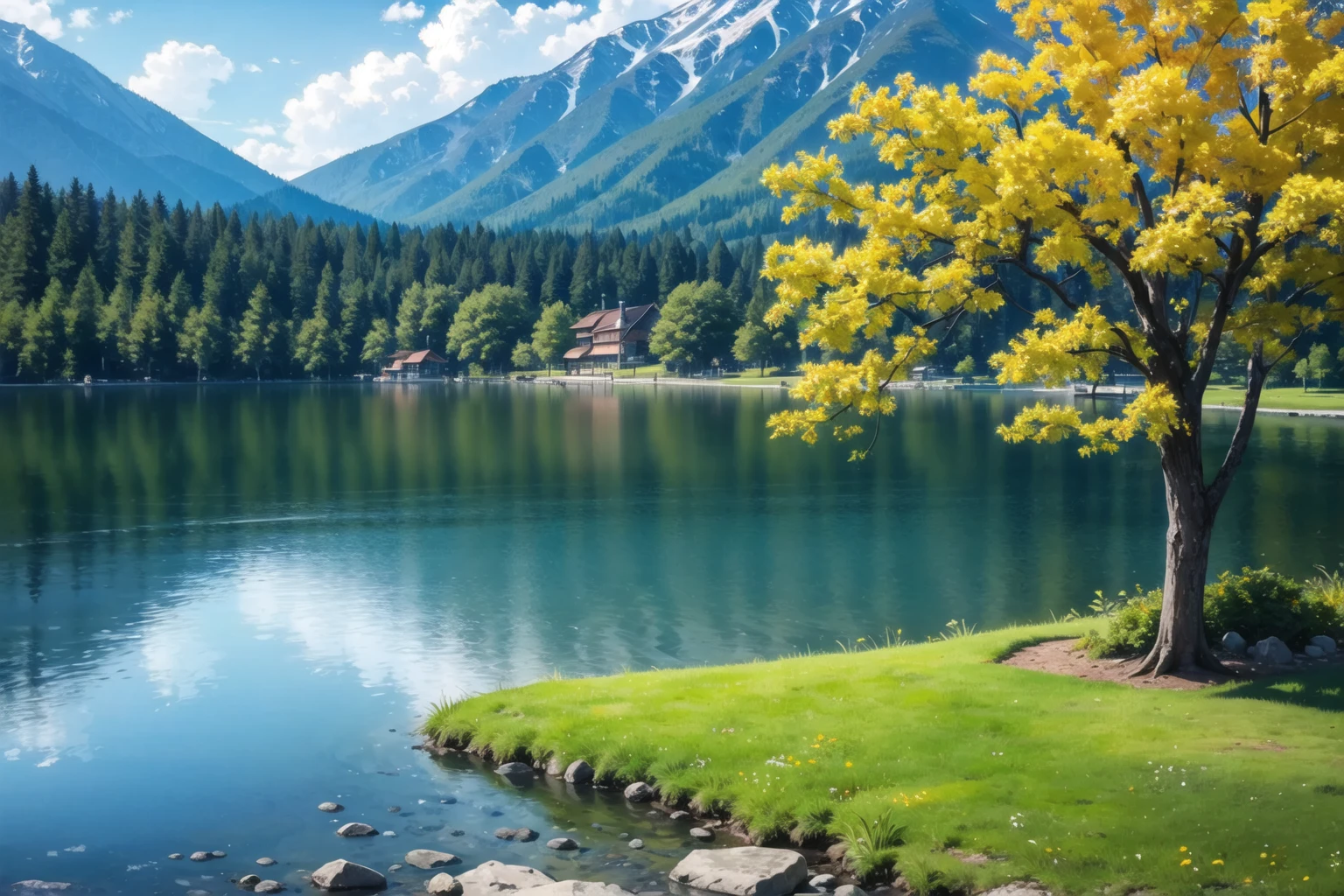 masterpiece best quality, summer landscape, rainfall, lake