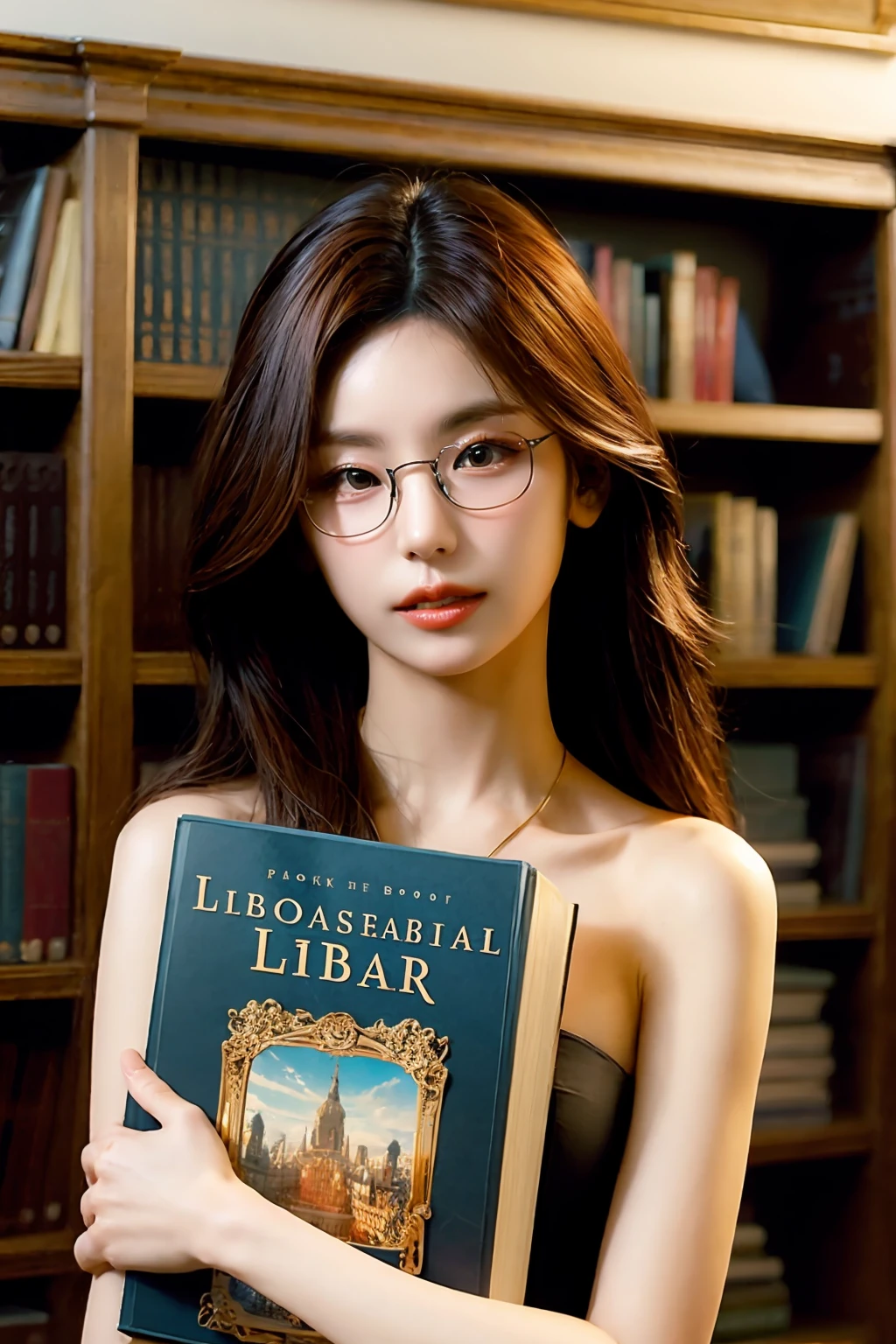 best quality, masterpiece, (photorealistic:1.4), 1girl, library, book shelves, book, picking up a book, glasses