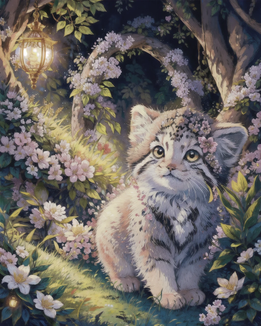 Depict an adorable tusuncub in a magical, mythological setting, surrounded by intricate 1.2 times detailed elements such as flowers, birds, and fairies, invoking a sense of wonder and charm., <lora:TUSUN:0.6>