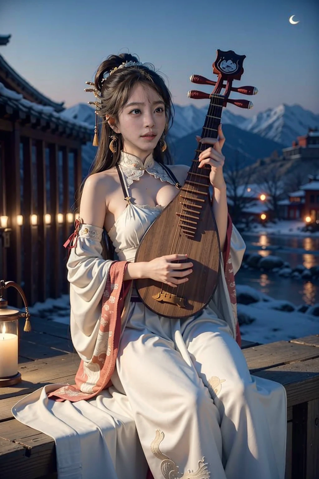 1girl, (playing_pipa, holding pipa), big breasts, moon, Ancient Chinese fortresses background, city walls, desert, snow, outdoors, realistic, masterpiece, best quality, 8k, photorealistic, close up, sitting, <lora:pipa_v1a:0.73>