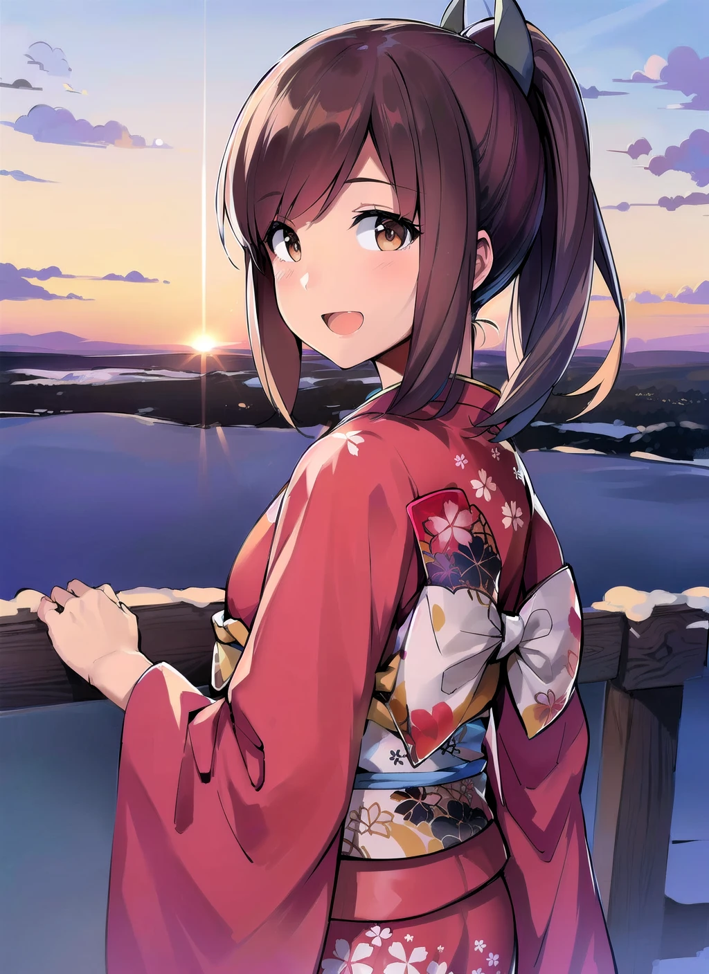 (masterpiece), (best quality), (ultra-detailed), photorealistic, (best illustration), (an extremely delicate and beautiful), 1girl, shioichan, solo, extremely detailed scenery, winter scenery, red kimono, hair ornament, looking back, brown eyes, short ponytail, upper body, <lora:shioi_nai_7-60:1:OUTD>, sunrise, :d, furisode, large sleeves, long sleeves, bow, finely detailed iris,