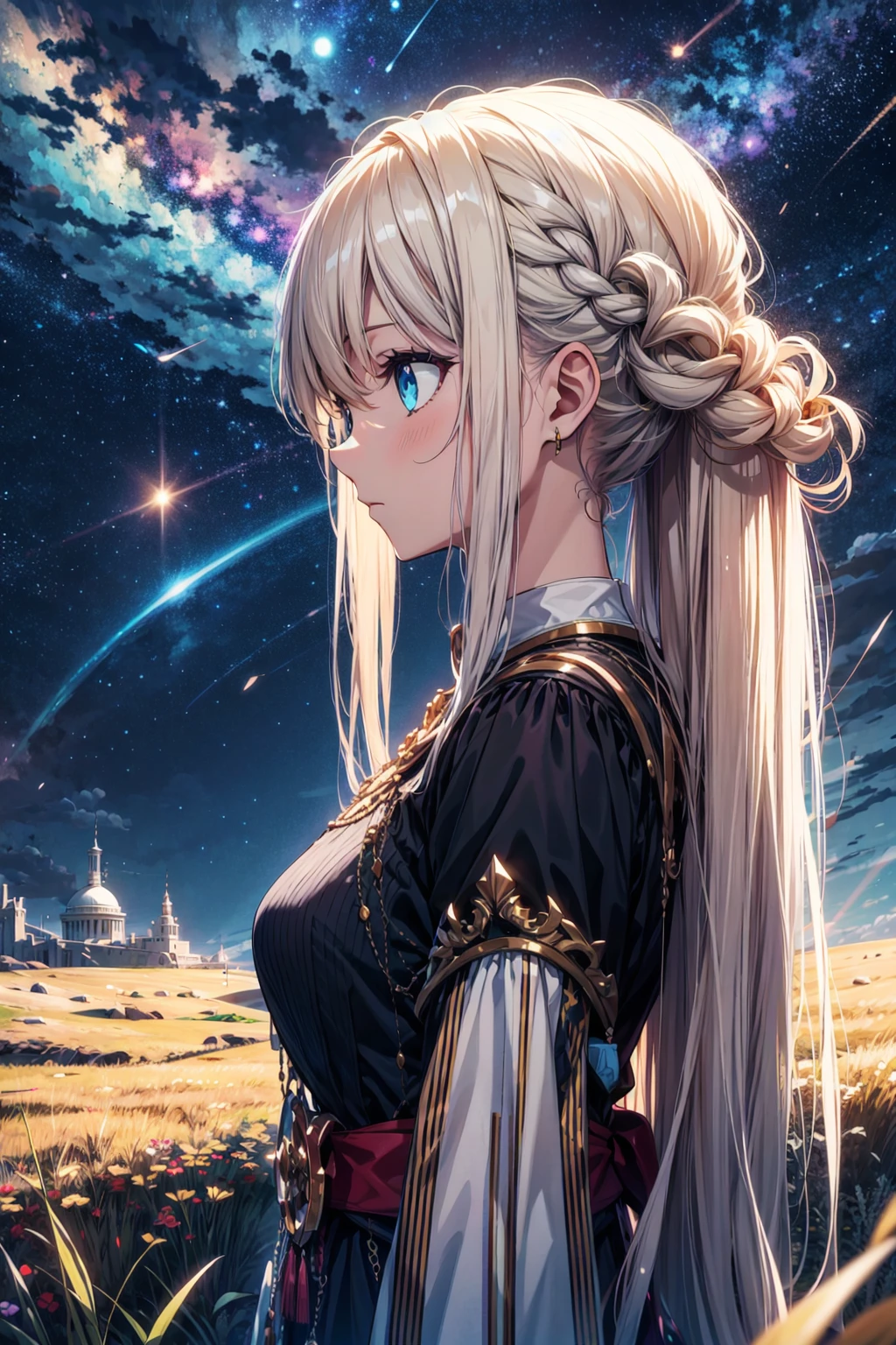 absurdres, highres, close view, side view,
1girl, long hair, shining hair, complex hair, colorful hair, shining eyes,
fantasy simple clothes,
starry sky, grassy knoll, wind effects,