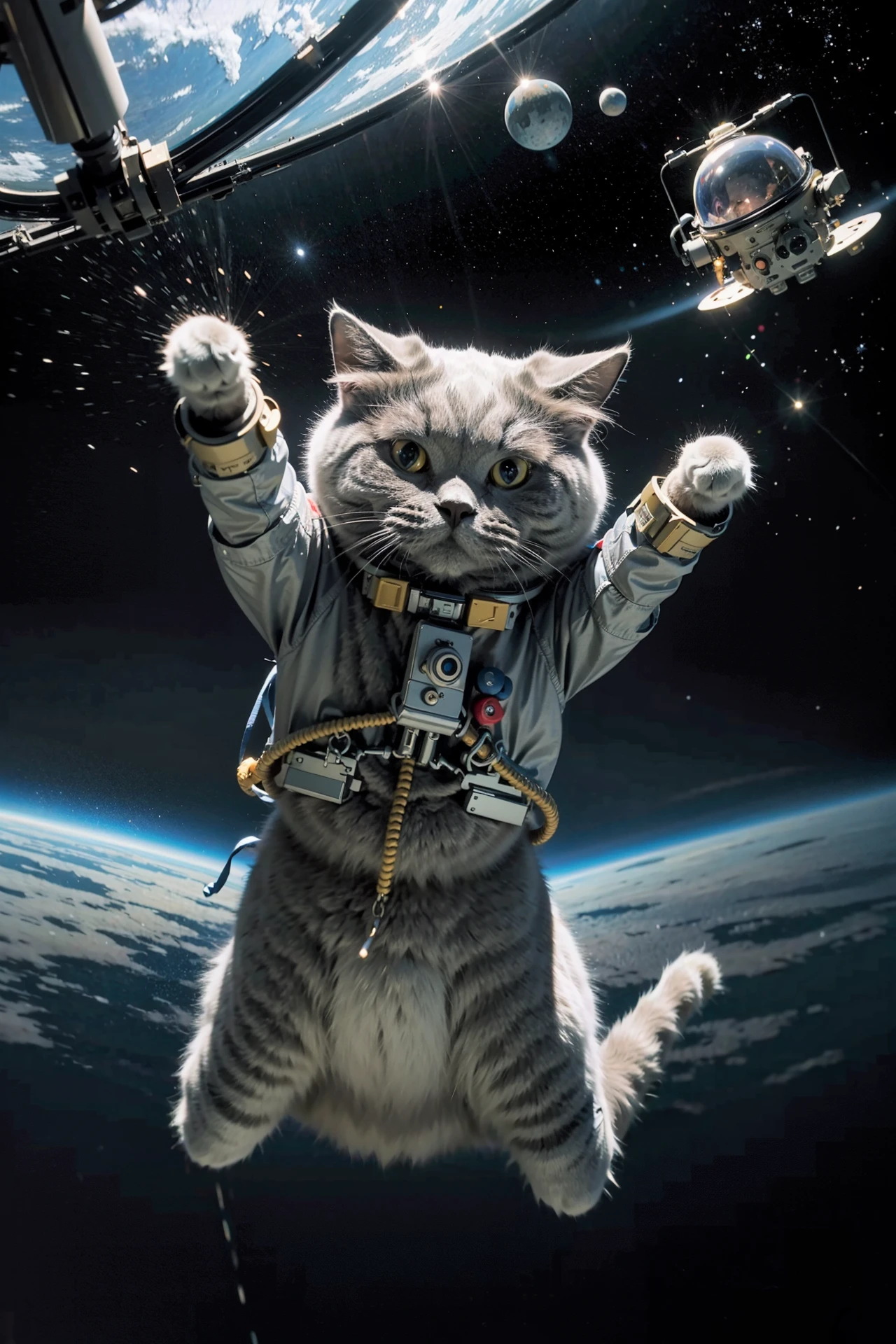 ((masterpiece), (best quality), ultra high res, (raw photo:1.2), (photorealistic:1.4), Exceptional detail, dramatic lighting, highres, 8k, absurdres, 1cat, Chartreux, space helmet, astronaut,universe, night sky, aliens, alien space ship, spaceship light on cat,
animal focus, animal, no humans, realistic, looking at viewer, Jumping from above, paw
<lora:Chartreux_38-000002:0.6>,