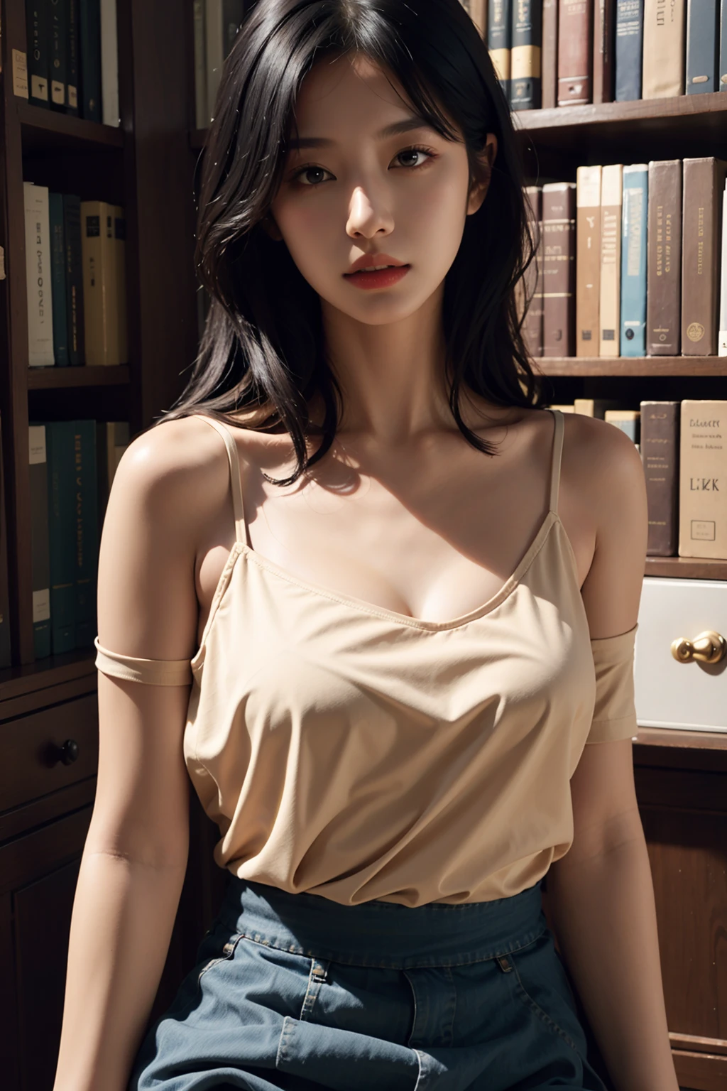 1girl,solo,(lshort-sleeved JK_sailor),JK_style,(dark blue JK_skirt),(bow JK_tie),(Inside the library:1.2),realistic,fully body,black hair,long hair,black eyes,lips,parted lips,collarbone,bare shoulders,portrait,nose,Best quality,masterpiece,ultra high res,(photorealistic:1.4),raw photo,    <lora:tianfeng_filmgirls3:1>