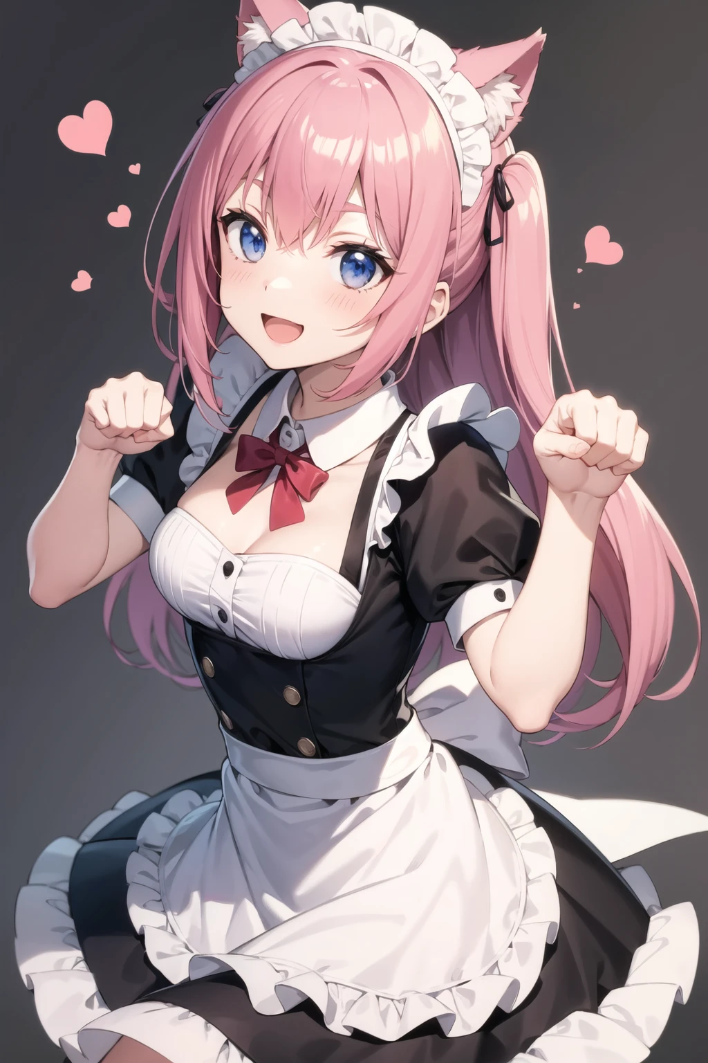 masterpiece, best quality, catgirl, paw pose, cute, maid, :D, hearts, fist