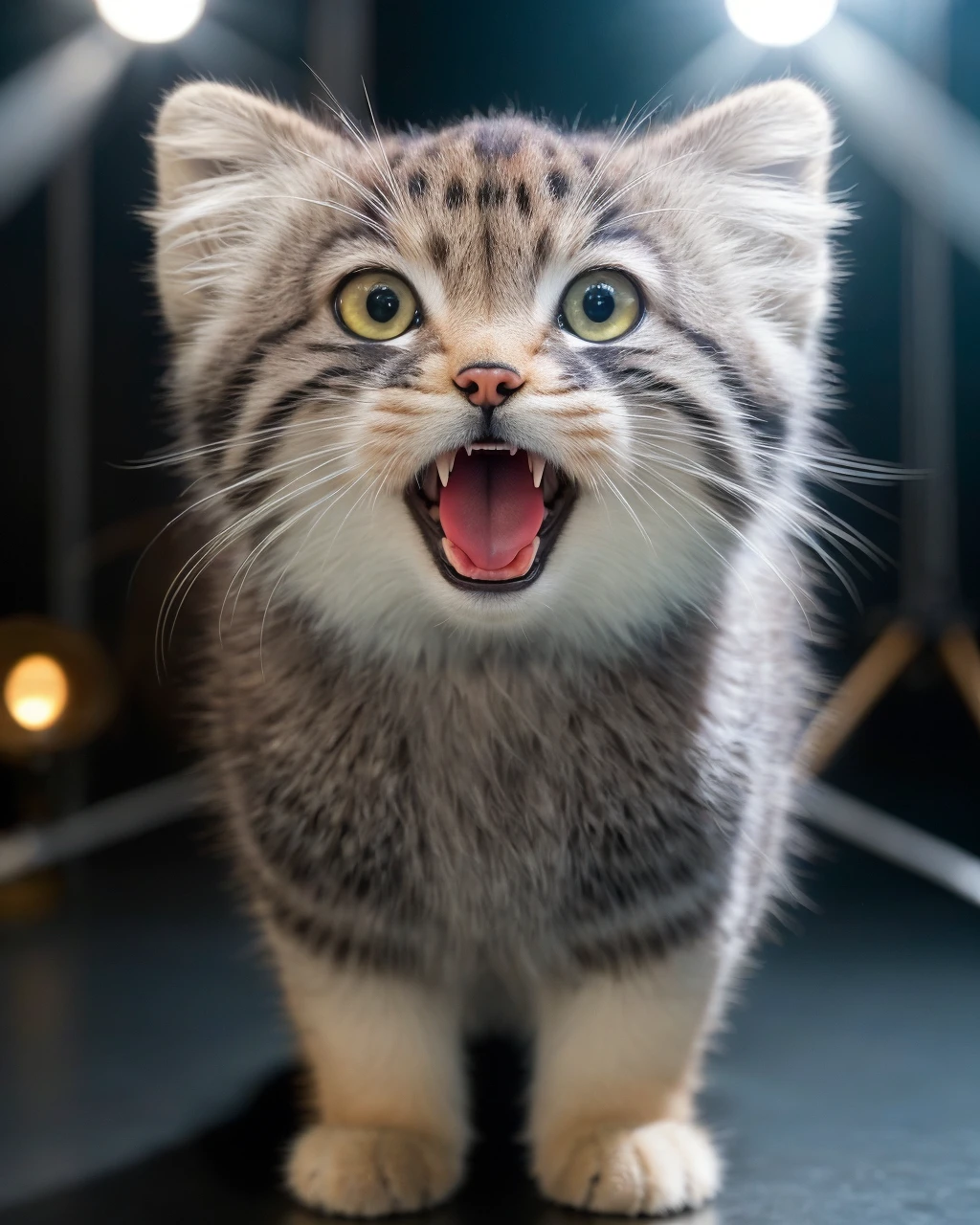 tusuncub with its mouth open, blurry, open mouth, fangs, photo background, looking at viewer, tongue, full body, solo, (cute and lovely:1.4), Beautiful and realistic eye details, perfect anatomy, (Nonsense:1.4), (pure background:1.4), Centered-Shot, realistic photo, photograph, 4k, hyper detailed, DSLR, 24 Megapixels, 8mm Lens, Full Frame, film grain, Global Illumination, (studio Lighting:1.4), Award Winning Photography, diffuse reflection, ray tracing, <lora:TUSUN:0.6>