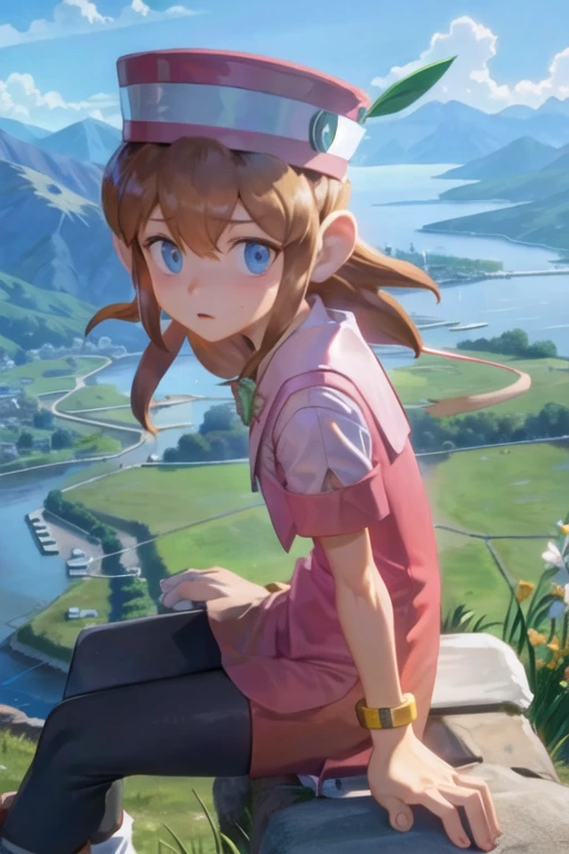 knlolo, frown, sitting, looking at viewer, mountain, river <lora:lolo:1>