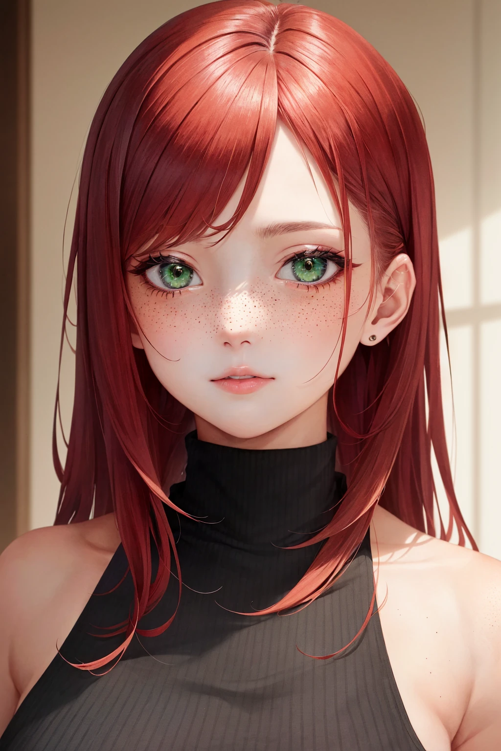 Portrait of a delicate woman with white skin and large, intense green eyes, long eyelashes and thin, straight eyebrows, rosy lips and cheeks and a small, perky nose, straight shoulder-length hair, intense copper red color, graceful face with scattered freckles, cute and delicate features with a relaxed expression, round shoulders and sculpted collarbone, Large, protruding breasts