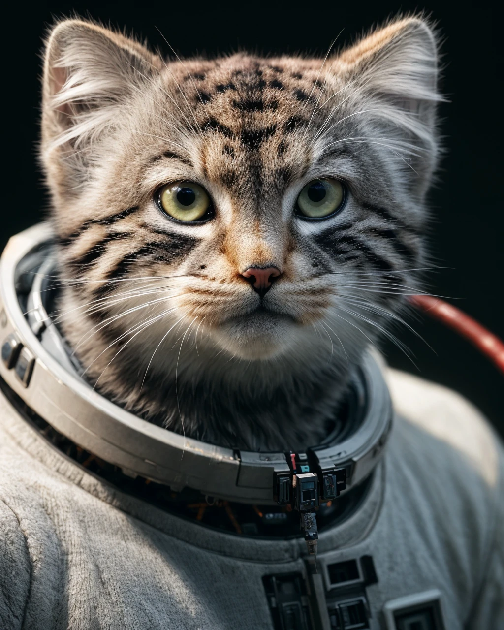 character design, (cyberpunk tusun kitten wearing astronaut suit), sci-fic, (realistic eye color and details), fluffy, big head, science fiction, communist ideology, Cyborg, fantasy, intense angle, soft lighting, (photograph, 4k, hyper detailed, portrait wallpaper, realistic, photo-realistic), DSLR, 24 Megapixels, Full Frame, vibrant details, octane render, finely detail, best quality, incredibly absurdres, robotic parts, rim light, vibrant details, luxurious cyberpunk, hyperrealistic, cable electric wires, microchip, full body, <lora:TUSUN:0.6>