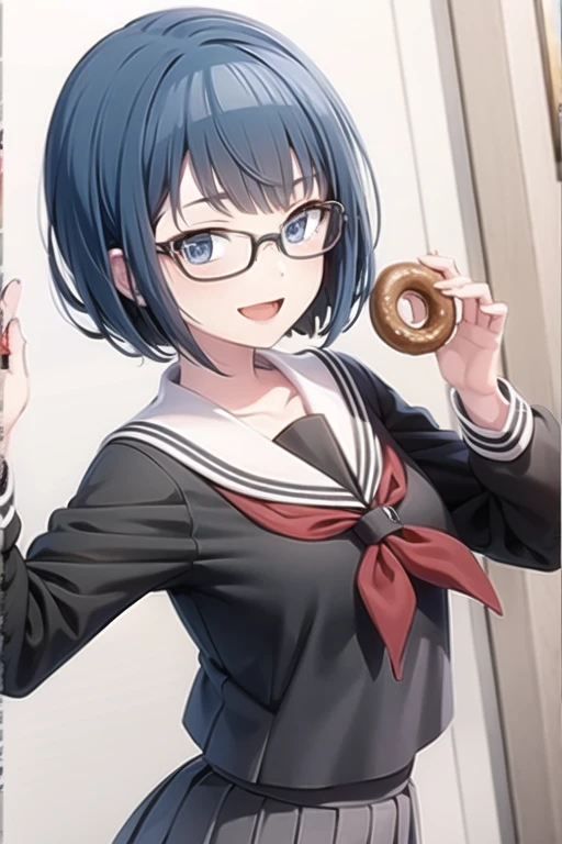 <lora:KiritaniHaruka-05:0.7> , kiriharu, 1girl, solo, looking at viewer, smile, short hair, open mouth, blue eyes, skirt, simple background, shirt, long sleeves, holding, school uniform, blue hair, :d, pleated skirt, food, glasses, serafuku, sailor collar, neckerchief, holding food, black background, grey shirt, red neckerchief, grey skirt, black-framed eyewear, white sailor collar, doughnut