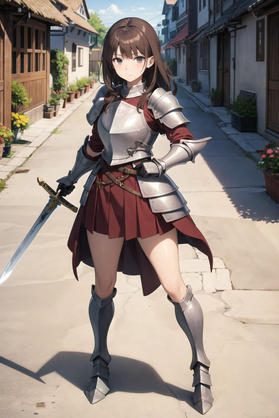 masterpiece, best quality, 1girl, knight, brown hair, (armor:1.1), village, full body, skirt, pov, sword