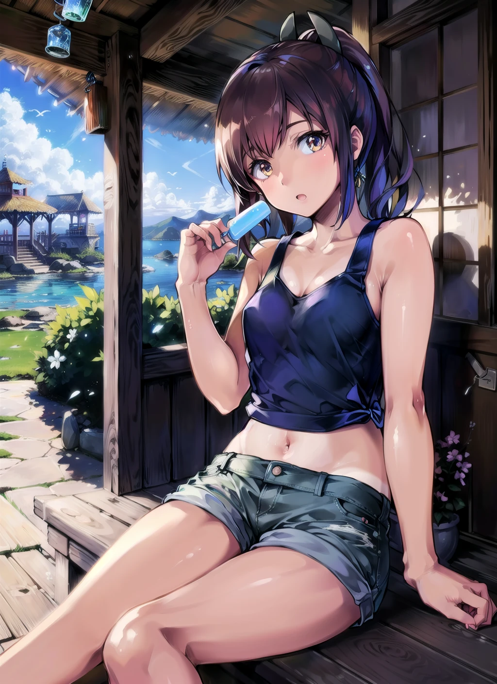 (masterpiece), (best quality), (ultra-detailed), photorealistic, (best illustration), (an extremely delicate and beautiful), 1girl, shioichan, solo, extremely detailed scenery, summer villa, porch, veranda, sunlight, diffraction spikes, (tanlines), tank top, midriff, short shorts, hair ornament, holding popsicle, looking at viewer, brown eyes, short ponytail, wind chime, sitting, <lora:shioi_nai_7-60:0.9:OUTD> :o