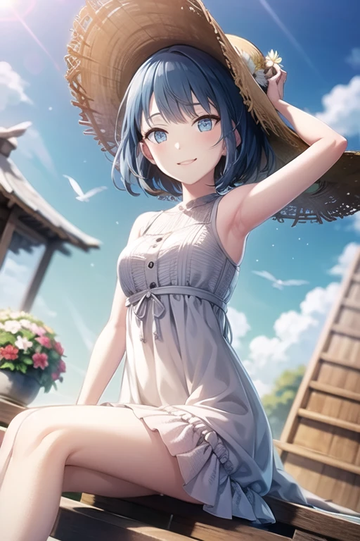 <lora:KiritaniHaruka-05:0.7> , kiriharu, 1girl, solo, blush, smile, blue eyes, hat, dress, medium breasts, sitting, blue hair, flower, outdoors, sky, sleeveless, day, cloud, medium hair, armpits, white dress, blurry, arm up, blue sky, bare arms, dutch angle, sleeveless dress, bird, sunlight, plant, white flower, wind, building, sun hat, blurry foreground, straw hat, railing, hand on headwear, sundress, potted plant, flower pot, dove