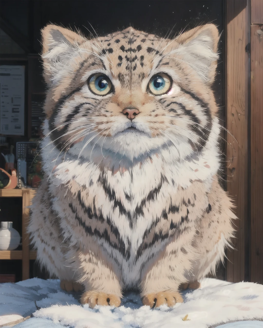 Create a 1.4 times larger-than-life tusun, showcasing its best quality features such as a big head, fluffy fur, and beautiful eyes, all while maintaining perfect anatomy, <lora:TUSUN:0.6>