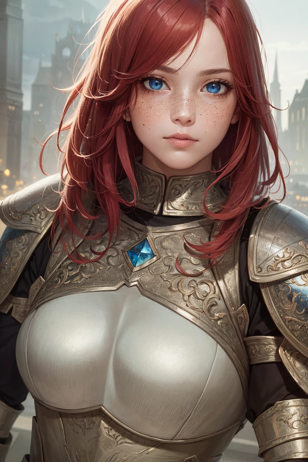 score_9, score_8_up, score_7_up, score_6_up, Expressiveh, 1dk, pyrrha nikos, rwby, green eyes, red hair, ponytail, knight armor, (((wearing knight armor))) 1girl, solo, looking at viewer, hand on hip, smile, holding sword, fire, source_anime,
