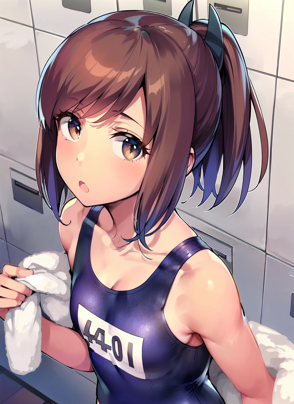 (masterpiece), (best quality), (ultra-detailed), photorealistic, (best illustration), (an extremely delicate and beautiful), 1girl, shioichan, solo, extremely detailed scenery, locker room, tanlines, one-piece swimsuit, detailed name tag, [401::0.8], hair ornament, :o, looking at viewer, looking up, (from above), brown eyes, short ponytail, <lora:shioi_nai_7-60:0.9:OUTD>, small towel, holding towel,