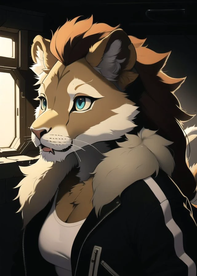 (fluffy anthro furry), lion, fuzzy, soft, solo, 1girl, detailed face, detailed eyes, vibrant eyes, e621, tracksuit, sharply drawn, (pudgy:1.1), cinematic lighting, caustics, subsurface scattering, bloom, by foxovh, by mike mignola, detailed background