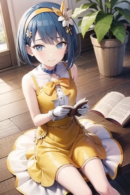 <lora:KiritaniHaruka-05:0.7> , kiriharu, 1girl, solo, looking at viewer, blush, smile, short hair, blue eyes, hair ornament, gloves, dress, bow, bare shoulders, closed mouth, blue hair, flower, hairband, sleeveless, white gloves, book, sleeveless dress, plant, yellow dress, picture frame