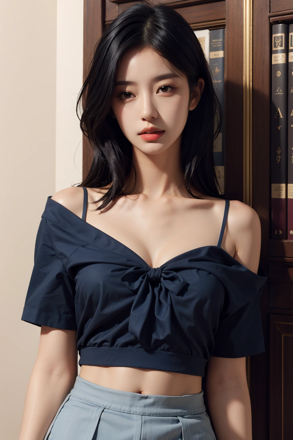 1girl,solo,(lshort-sleeved JK_sailor),JK_style,(dark blue JK_skirt),(bow JK_tie),(Inside the library:1.2),realistic,fully body,black hair,long hair,black eyes,lips,parted lips,collarbone,bare shoulders,portrait,nose,Best quality,masterpiece,ultra high res,(photorealistic:1.4),raw photo, <lora:tianfeng_filmgirls3:1>