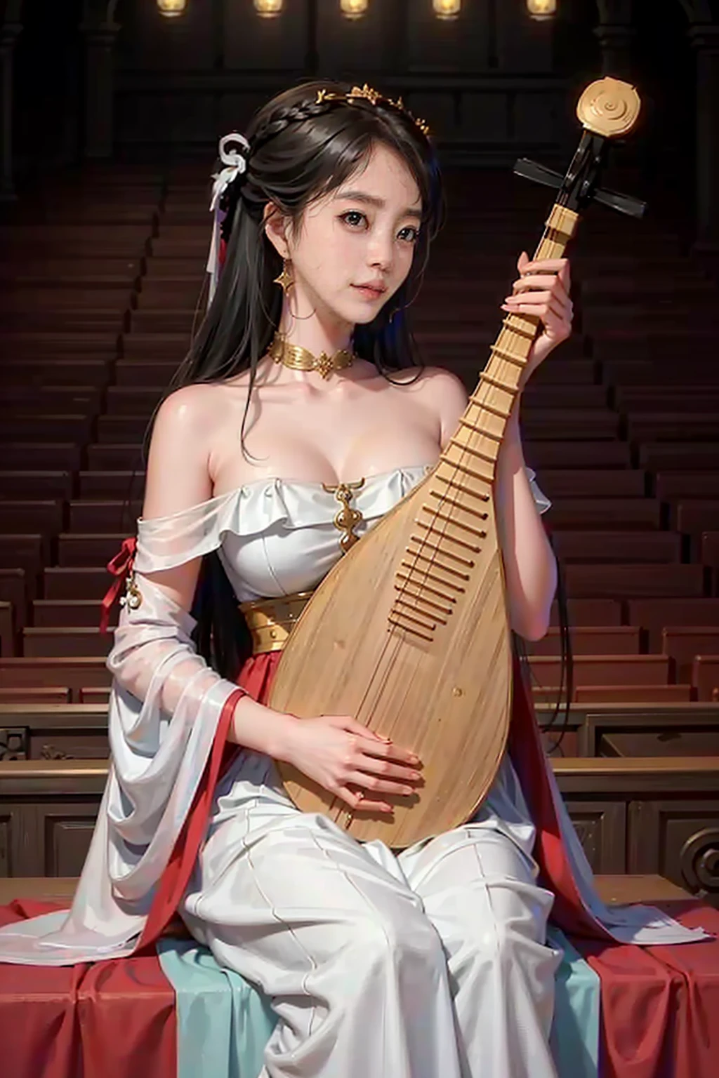 1girl, (playing_pipa, holding pipa), big breasts, breasts outline, long straight hair, offshoulder-top, realistic, masterpiece, best quality, 8k, photorealistic, close up, <lora:pipa_v1a:0.78>, sitting, indoors, on the stage of the concert hall