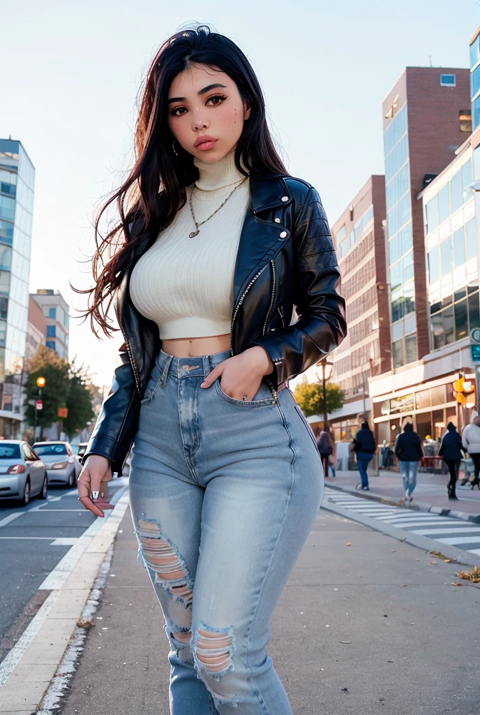 best quality, ultra high res, photorealistic, masterpiece, 1girl, <lora:pisceus:1>, pisceus, sunlight, turtleneck, leather jacket, jeans, denim pants, full body, outdoors, city, street
