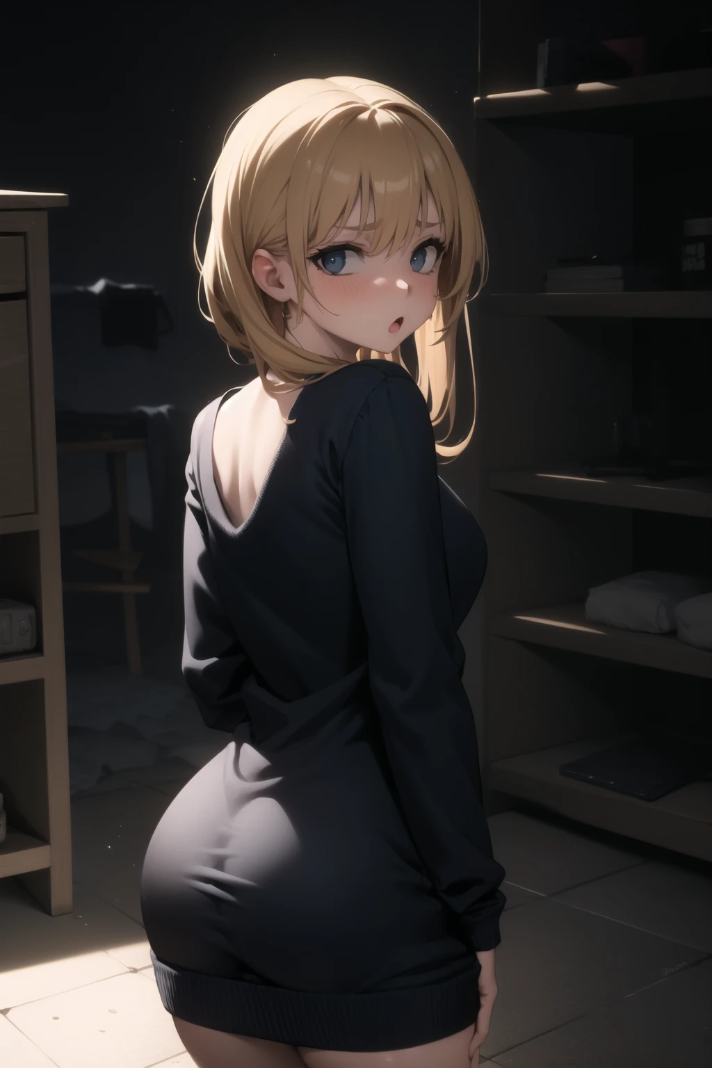 <lora:basement_v0.2:1>
basement, 1girl, (dark:1.5), cowboy shot, looking back, dimly lit, scared, jumper, :o, worried,, masterpiece, best quality, highly detailed