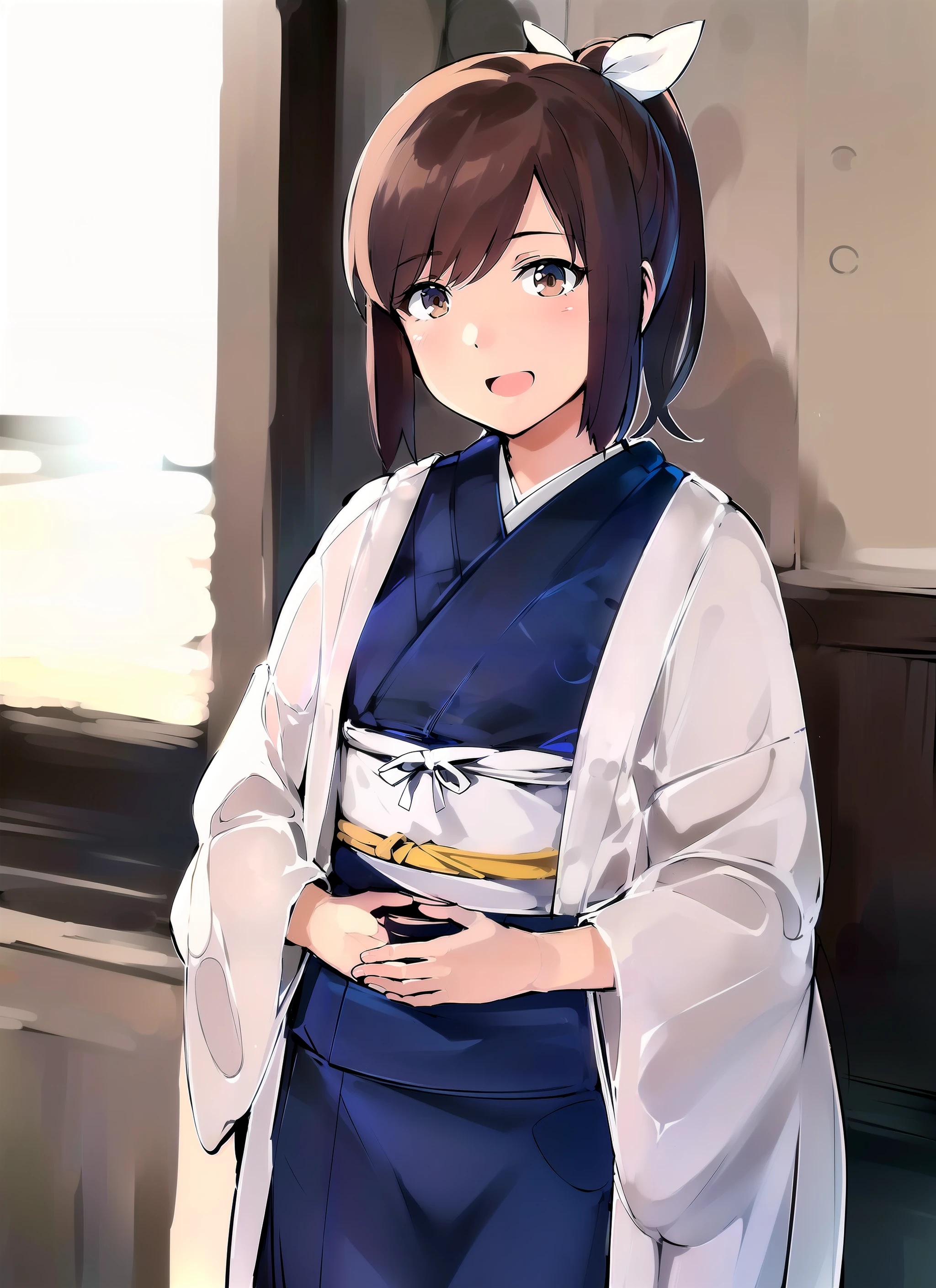 (masterpiece), (best quality), (ultra-detailed), photorealistic, (best illustration), (an extremely delicate and beautiful), 1girl, shioichan, solo, blue clothing, ((haori)), (japanese clothing:0.9), hair ribbon, brown eyes, short ponytail, cowboy shot, :d <lora:shioi_nai_7:1:MIDD>, alternate costume, kimono, white ribbon, finely detailed iris,